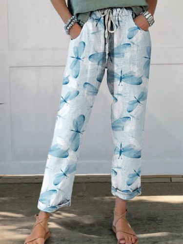 Dragonfly Pattern Print Women's Printed Cotton And Linen Casual Pants