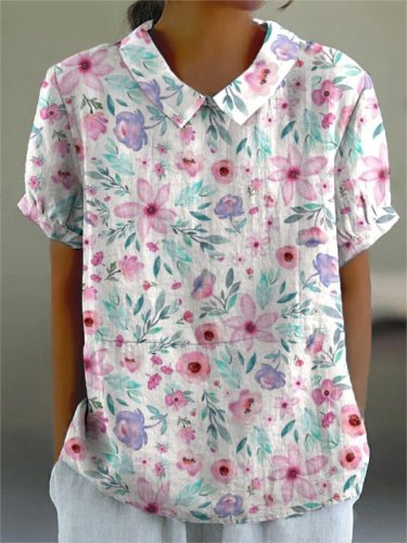 Women's Pale Pink Florets Print Casual Cotton And Linen Shirt