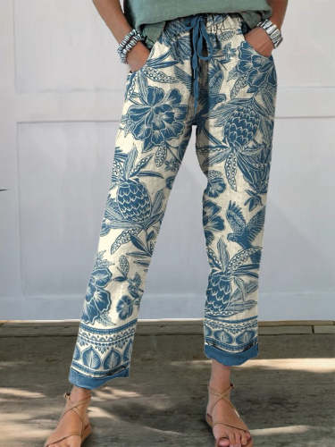 Batik Style Ethnic Floral Pattern Printed Women's Cotton And Linen Casual Pants