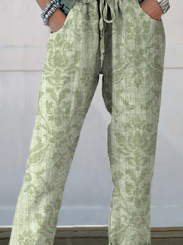 Women's Vintage Ethnic Texture Floral Printed Cotton And Linen Casual Pants