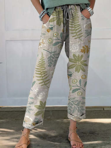 Women's Retro Floral Elegant Art Printed Cotton And Linen Casual Pants