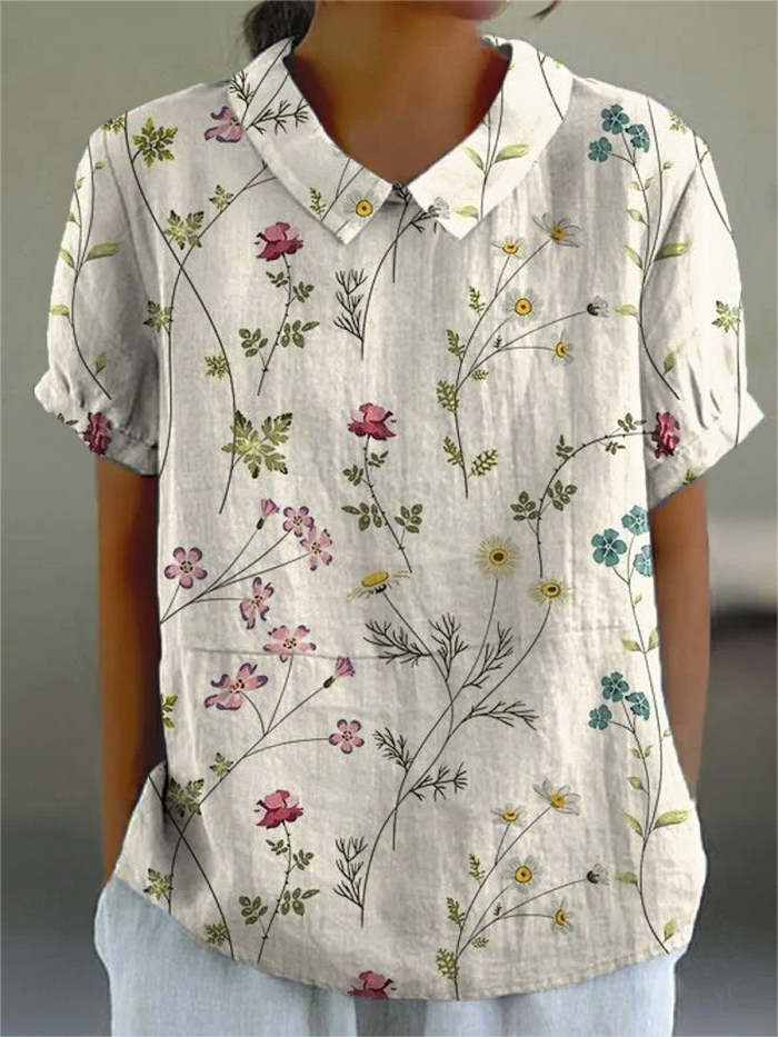 Women's Retro Floral Art Print Casual Cotton And Linen Shirt