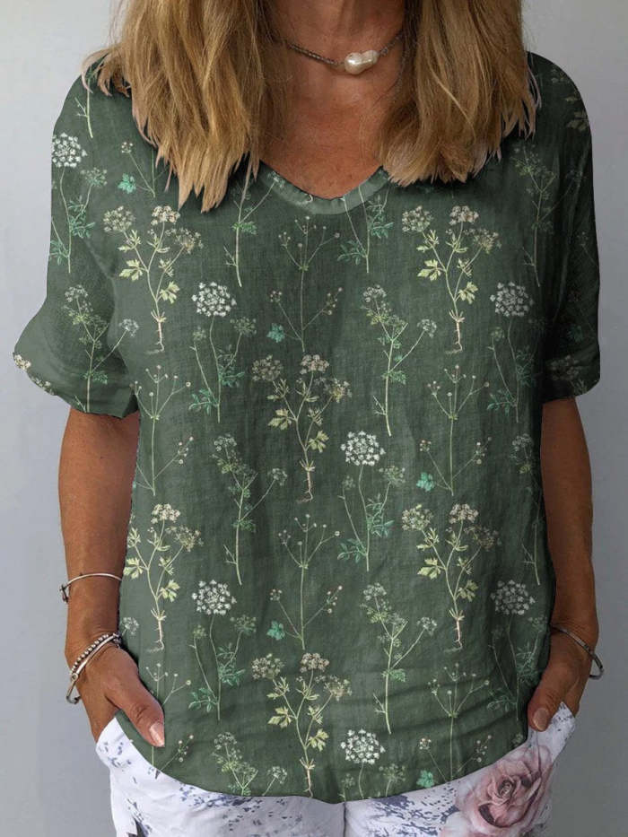 Women's Retro Floral Art Print Casual Cotton And Linen Shirt