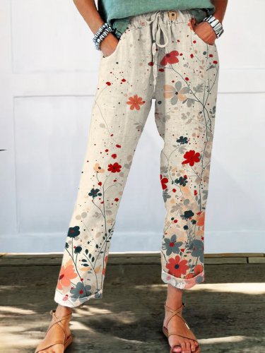 Women's Floral Printed Cotton And Linen Casual Pants