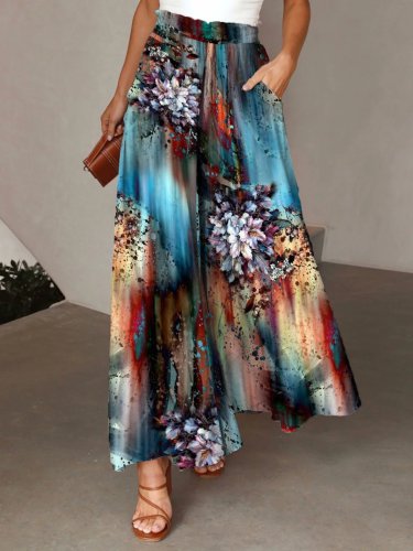 Wide Abstract Floral Print Leg Pants