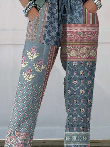 Ethnic Style Patchwork Pattern Printed Women's Printed Cotton And Linen Casual Pants