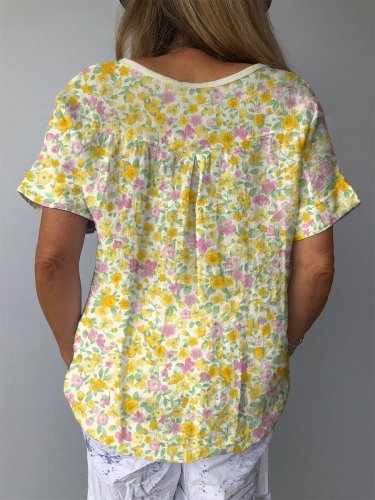 Women's Lovely Floral Art Print Casual Cotton And Linen Shirt