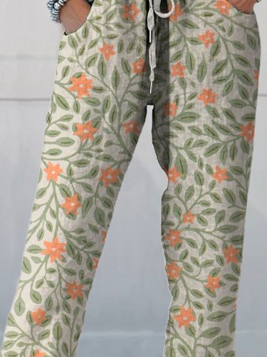 Women's Lovely Floral Art Printed Cotton And Linen Casual Pants