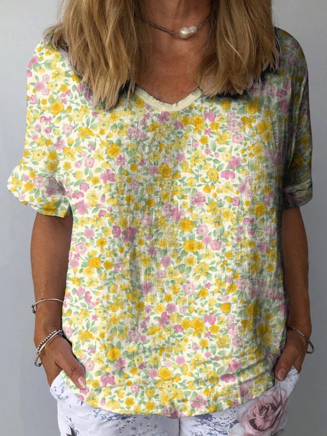 Women's Lovely Floral Art Print Casual Cotton And Linen Shirt