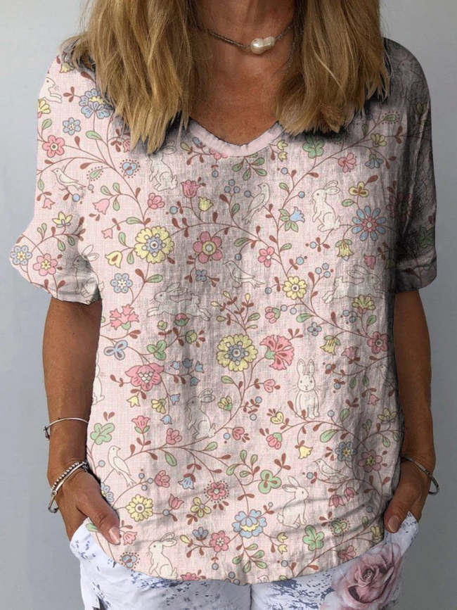 Women's Lovely Floral Rabbits Art Print Casual Cotton And Linen Shirt