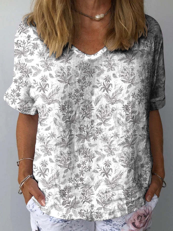 Meadows Floral Pattern Printed Women's Casual Cotton And Linen Shirt