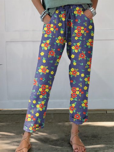 Women's Flower Printed Cotton And Linen Casual Pants