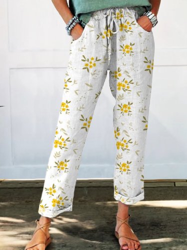 Women's Floral Printed Cotton And Linen Casual Pants