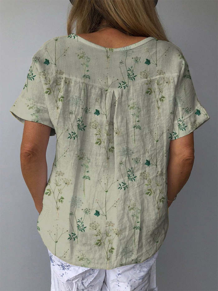 Women's Retro Floral Art Print Casual Cotton And Linen Shirt