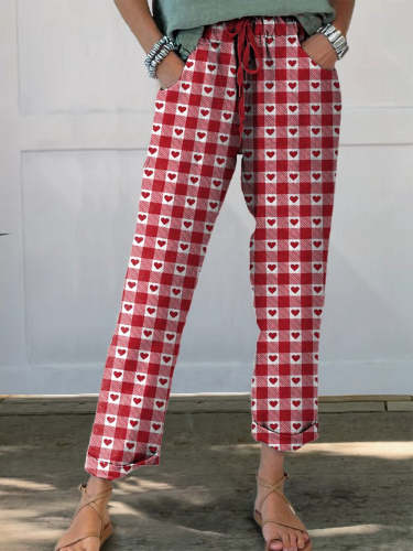 Countryside Hearts And Plaid Pattern Printed Women's Cotton And Linen Casual Pants