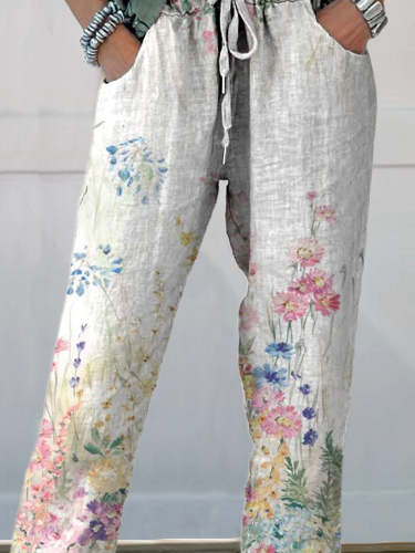 Women's Vintage Botanical Floral Printed Cotton And Linen Casual Pants