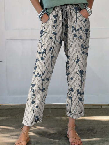 Women's Retro Floral Elegant Art Printed Cotton And Linen Casual Pants