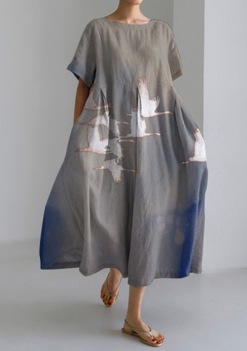 Japanese Crane Art Print Short-sleeved Loose Midi Dress