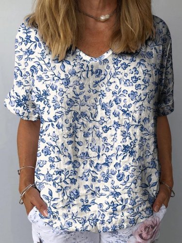 Small Floral Print In Blue Women's Print Casual Cotton And Linen Shirt
