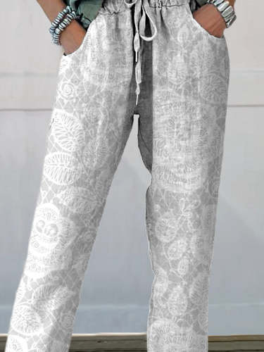 Women's Vintage Floral Printed Cotton And Linen Casual Pants