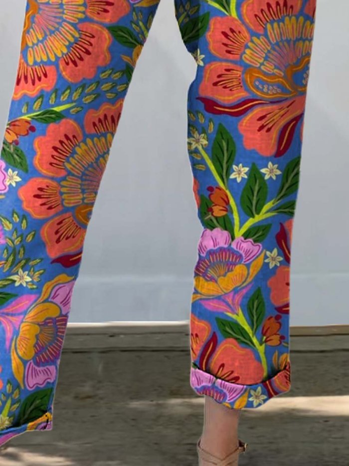 Women's Artistic Flowers Printed Cotton And Linen Casual Pants