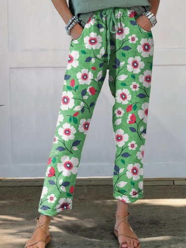 Women's Flower Printed Cotton And Linen Casual Pants