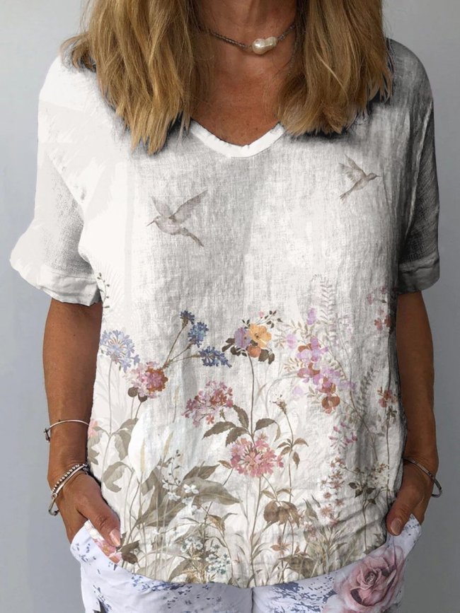 Bird and Flower Print Women's Print Casual Cotton And Linen Shirt