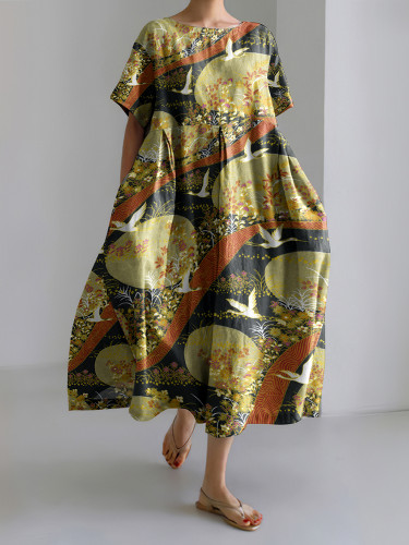 Japanese Art Chiyogami Painting Print Linen Blend Dress