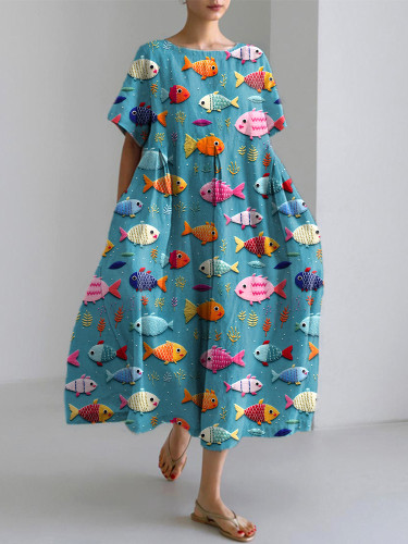 Cute Fish Embroidery Pattern Linen Blend Dress