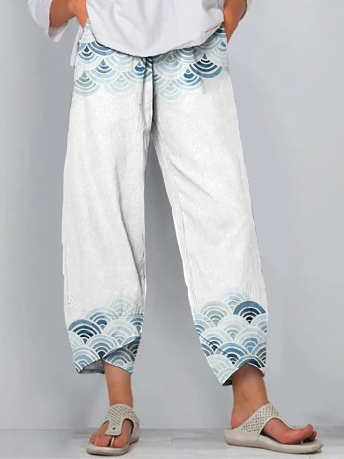 Japanese Waves Art Print Loose Casual Pants