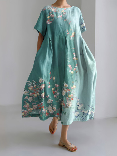 Japanese Art Flower Print Round Neck Casual Midi Dress