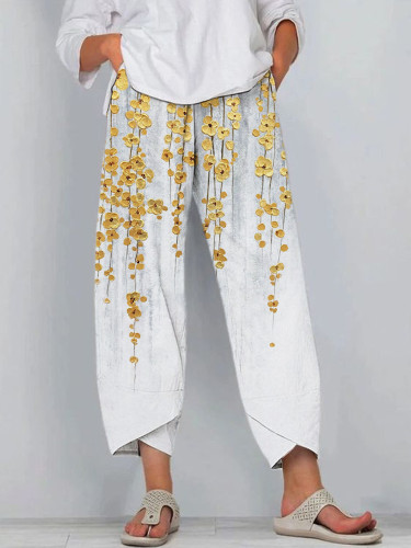Gold Floral Embossed Art Print Linen Pants