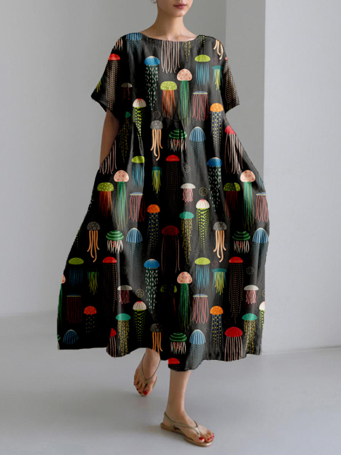 Colorful Jellyfish Art Pattern Linen Blend Maxi Dress