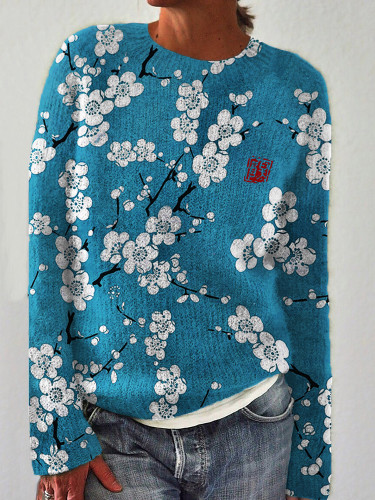Plum Blossom Japanese Lino Art Cozy Sweater