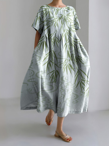 Bamboo Japanese Art Linen Blend Maxi Dress