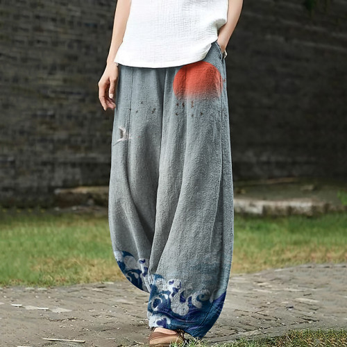 Women's Japanese Art Crane Waves Pocket Loose Casual Pants