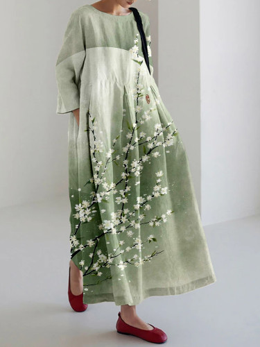 Vintage Pear Flower Art Linen Blend Maxi Dress