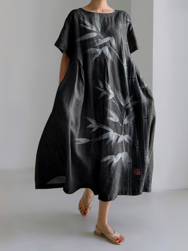 Japanese Art Bamboo Ink And Wash Linen Blend Maxi Dress