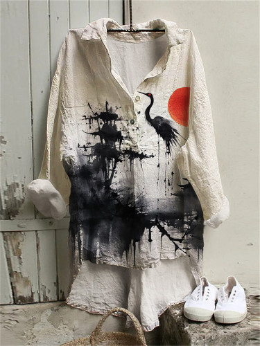 Landscape & Crane Japanese Art Print Linen Long Shirt