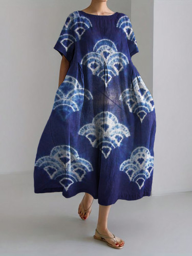 Sea Waves Japanese Tie Dye Linen Blend Maxi Dress