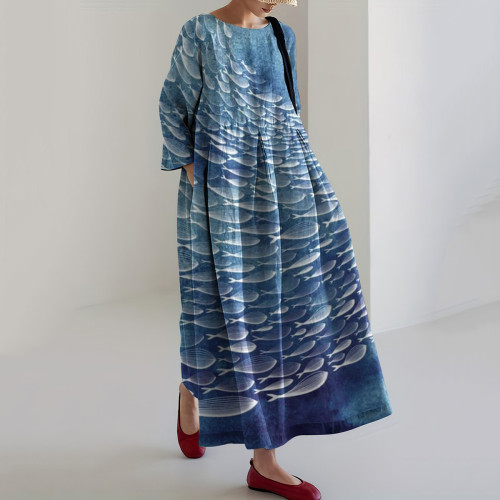 Women‘s School Fish Linen Blend Casual Maxi Dress
