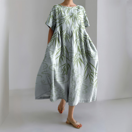 Bamboo Japanese Art Linen Blend Maxi Dress