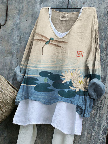 Dragonfly & Lotus Pond Japanese Art Linen Blend Tunic