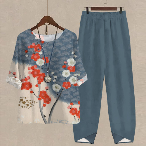 Japanese Art Flower Print T-Shirt Casual Two Piece Set