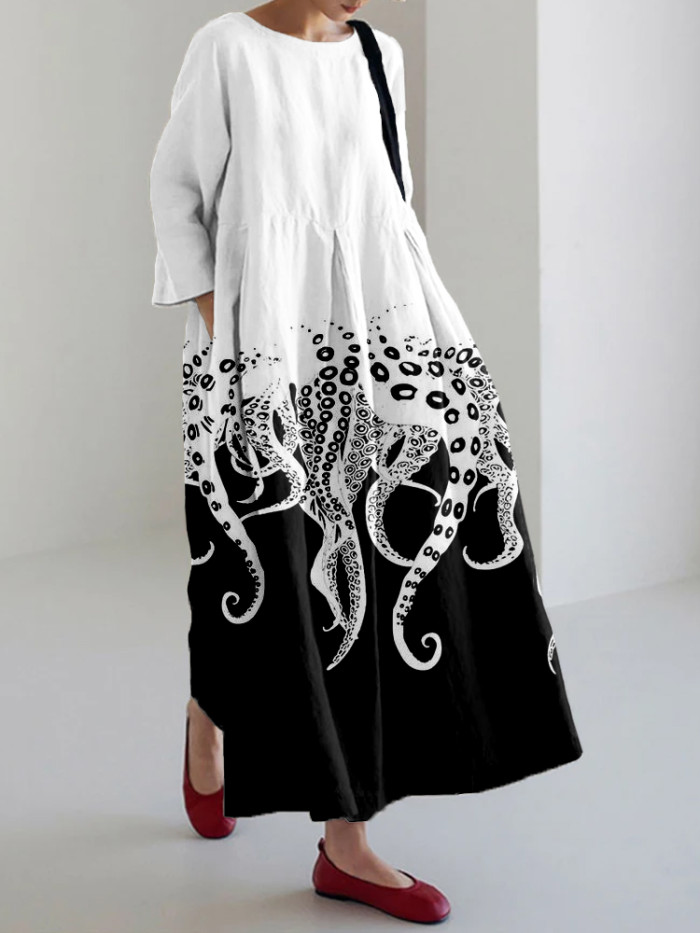 Tentacles Lover Essential Contrast Linen Blend Maxi Dress