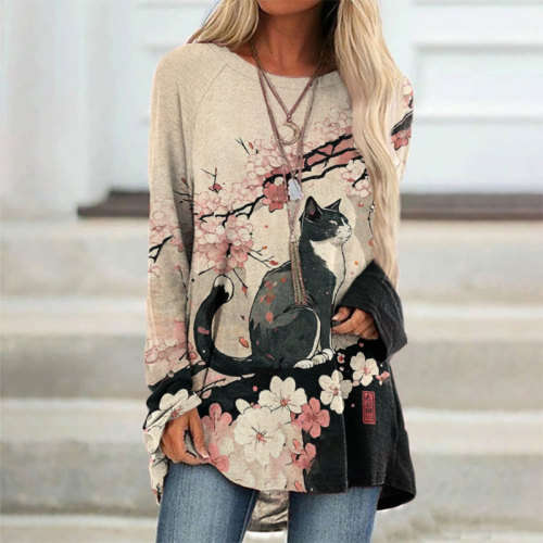 Japanese Art Style Floral Cat Print Tunic