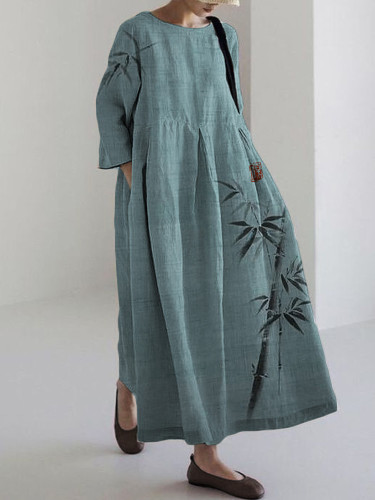 Classy Bamboo Japanese Art Linen Blend Maxi Dress