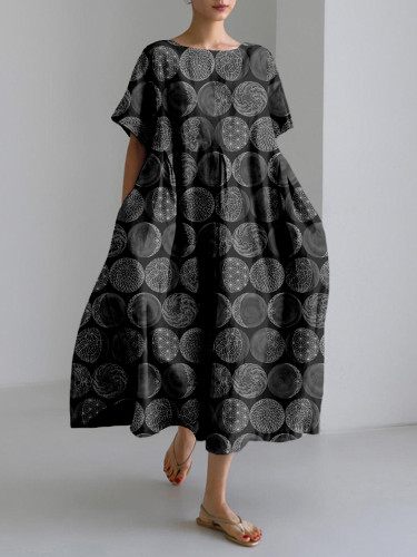 Sashiko Moon Phases Japanese Art Linen Blend Maxi Dress