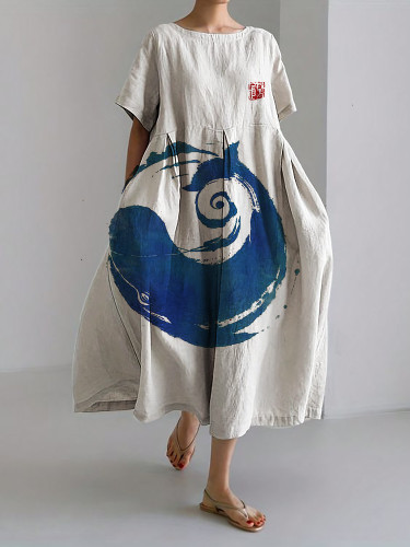 Whale Breach Japanese Brush Art Linen Blend Maxi Dress