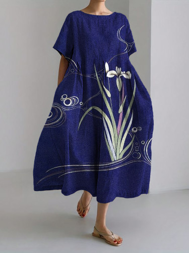 Classy Orchid Japanese Embroidered Linen Blend Maxi Dress